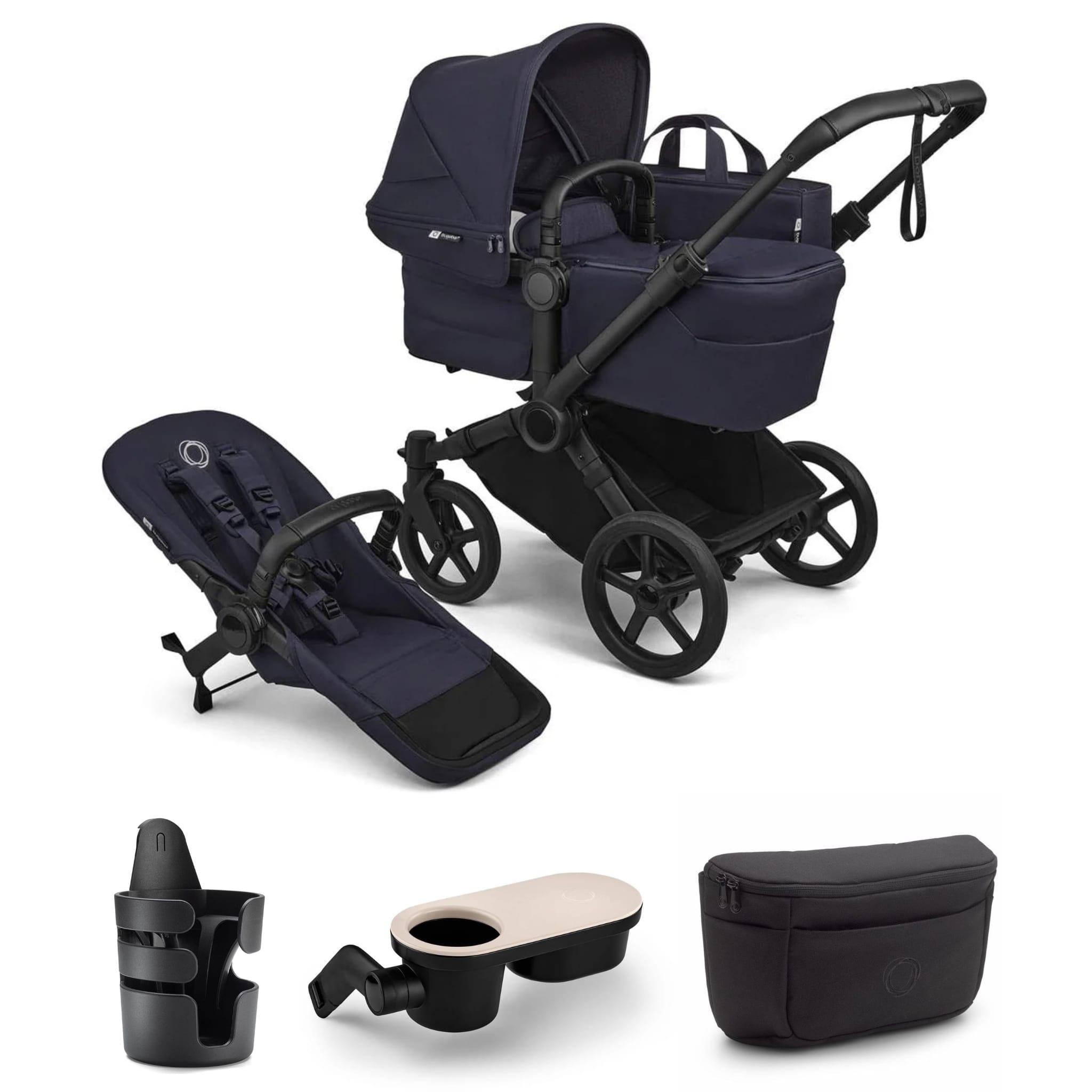 Bugaboo Donkey 6 Complete Single-to-Double Stroller + Essential Accessories Bundle - Black / Deep Indigo / Deep Indigo