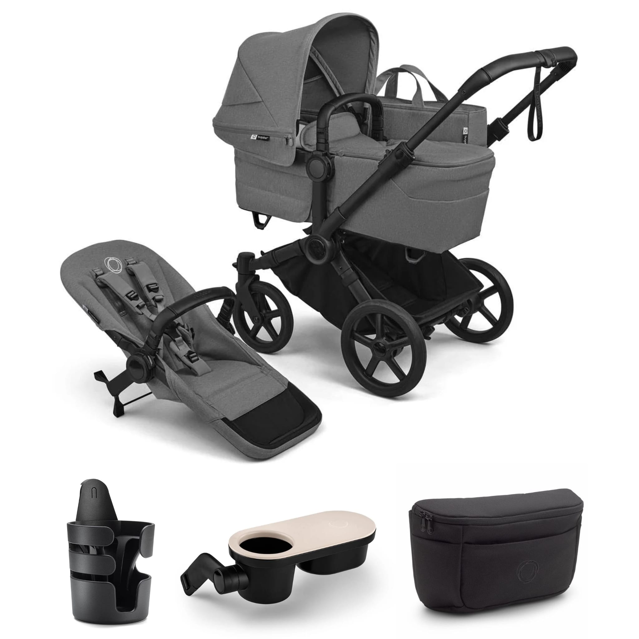 Bugaboo Donkey 6 Complete Single-to-Double Stroller + Essential Accessories Bundle - Black / Moon Grey / Moon Grey