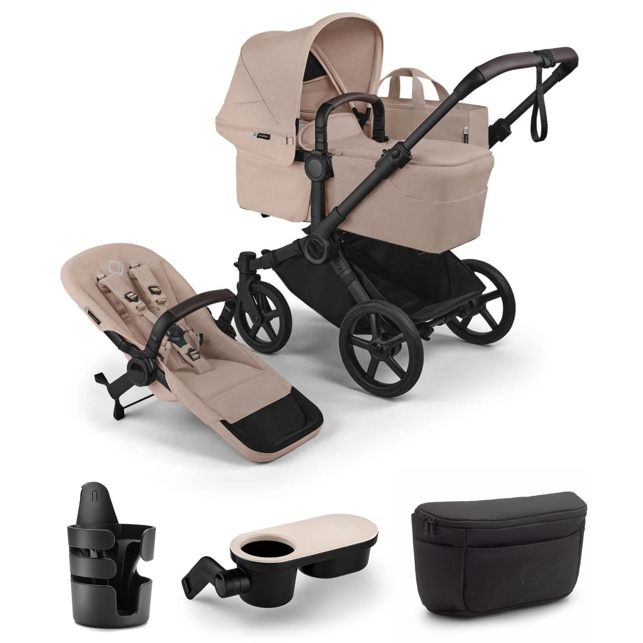 Bugaboo Donkey 6 Complete Single-to-Double Stroller + Essential Accessories Bundle - Black / Desert Taupe Melange / Desert Taupe Melange