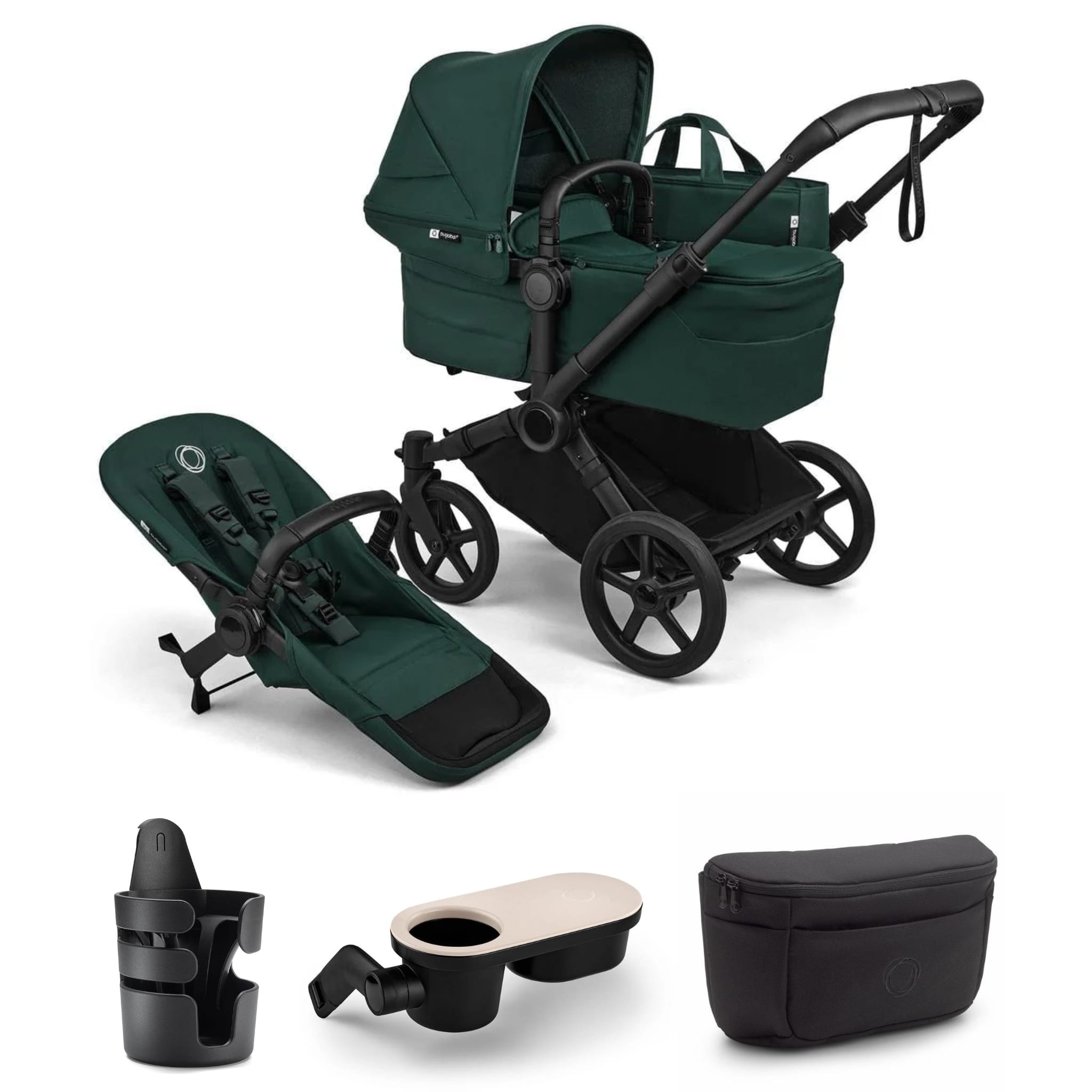 Bugaboo Donkey 6 Complete Single-to-Double Stroller + Essential Accessories Bundle - Black / Fern Green / Fern Green