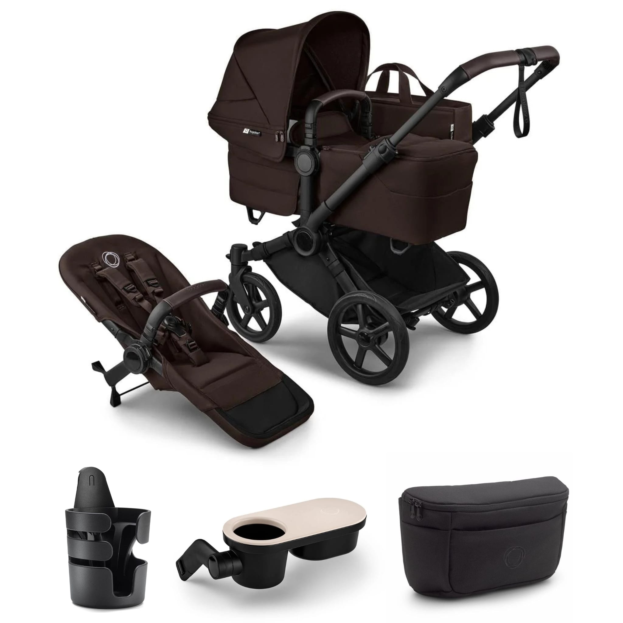 Bugaboo Donkey 6 Complete Single-to-Double Stroller + Essential Accessories Bundle - Black / Cocoa Brown / Cocoa Brown