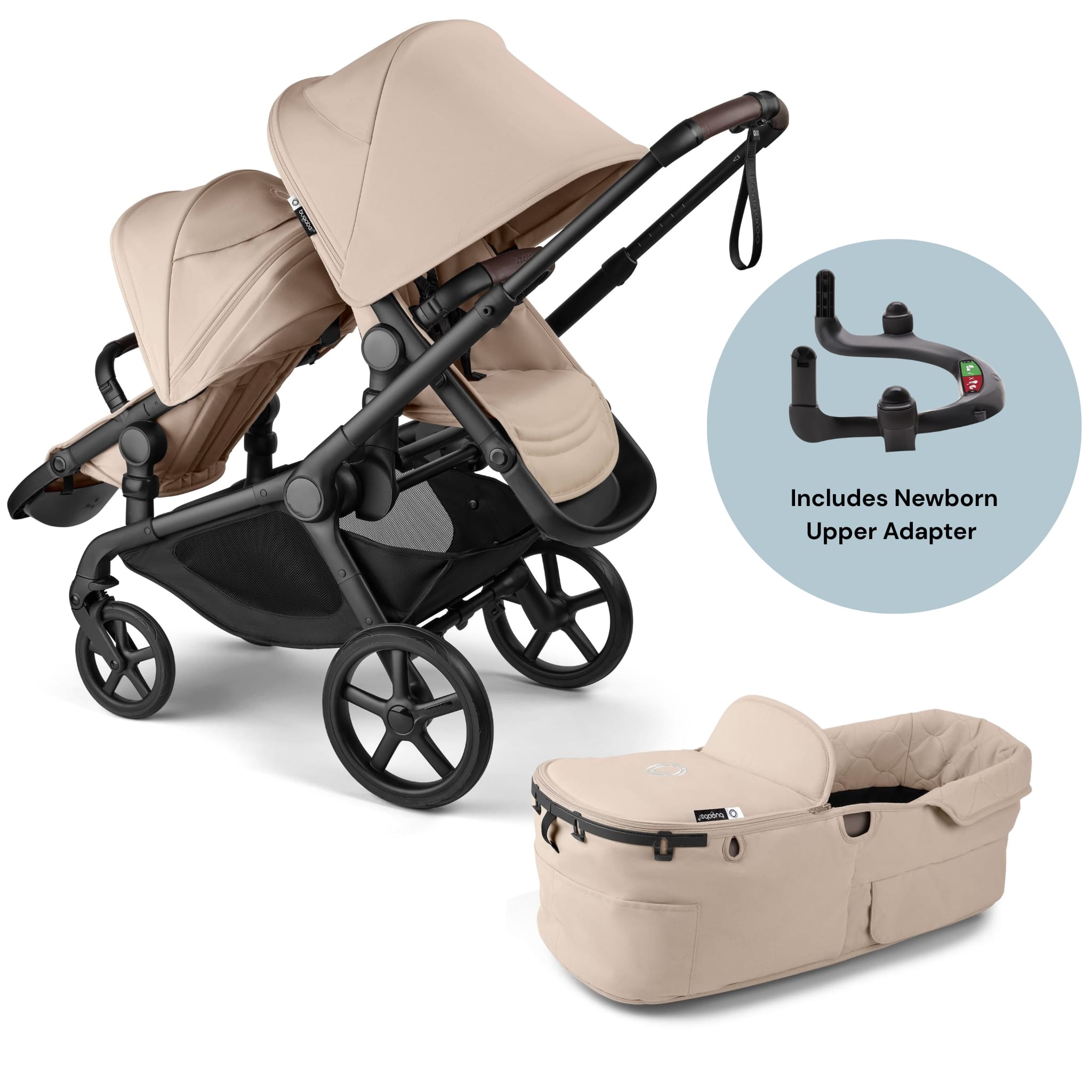 Bugaboo Kangaroo Complete All-Position Double Stroller + Bassinet Bundle - Desert Taupe