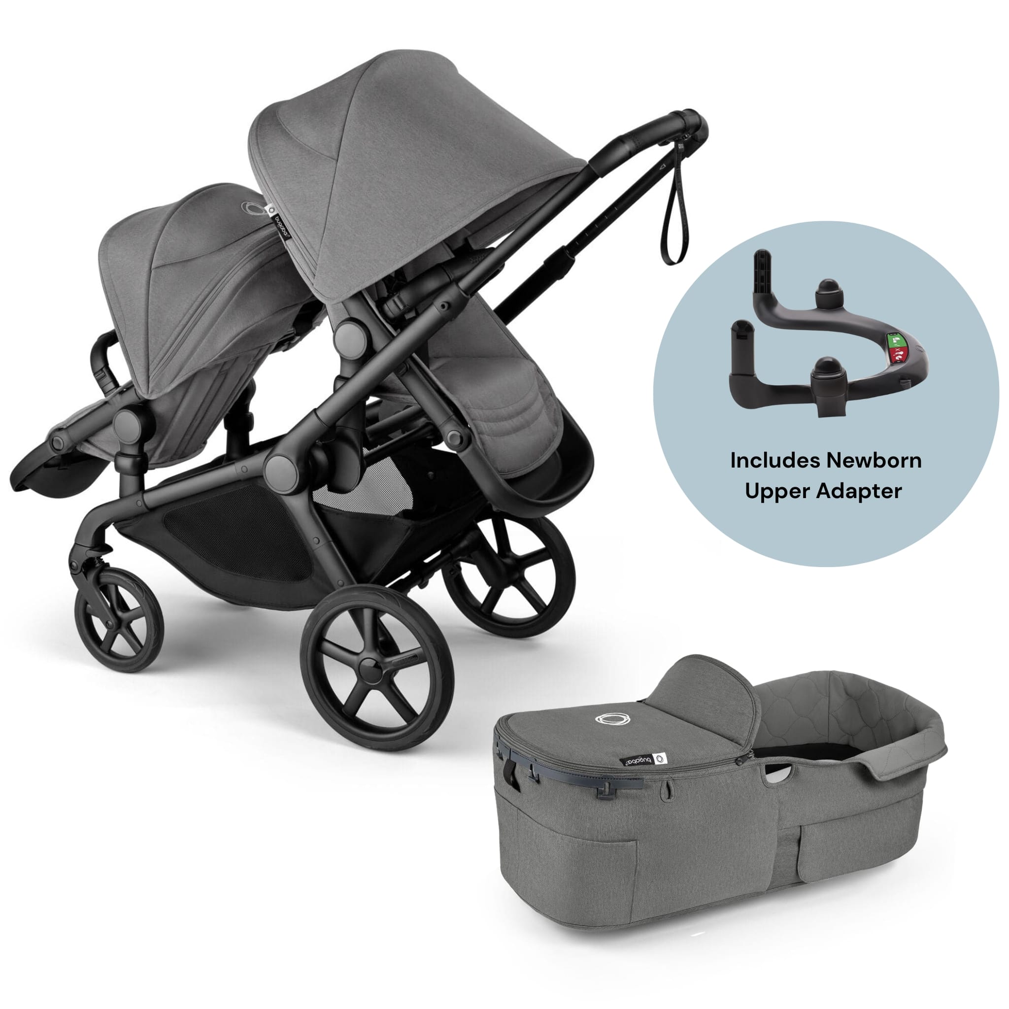 Bugaboo Kangaroo Complete All-Position Double Stroller + Bassinet Bundle - Moon Grey
