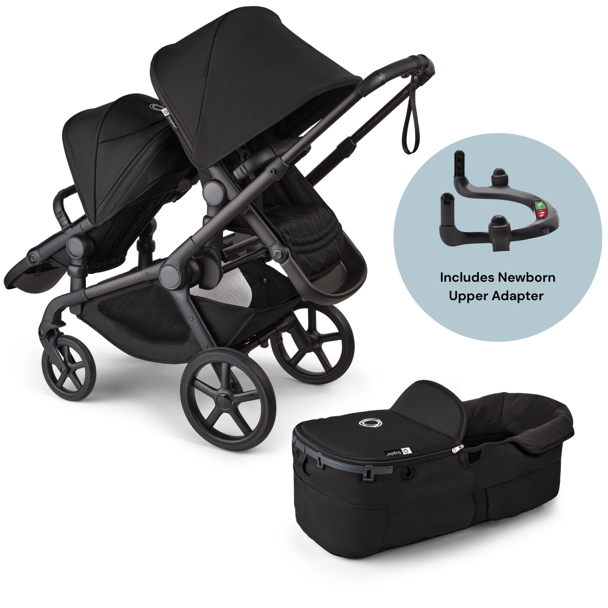 Bugaboo Kangaroo Complete All-Position Double Stroller + Bassinet Bundle - Midnight Black