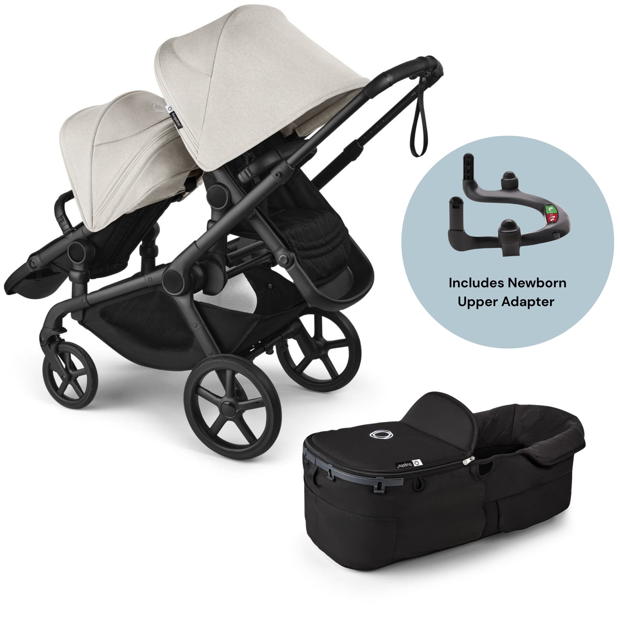 Bugaboo Kangaroo Complete All-Position Double Stroller + Bassinet Bundle - Misty White