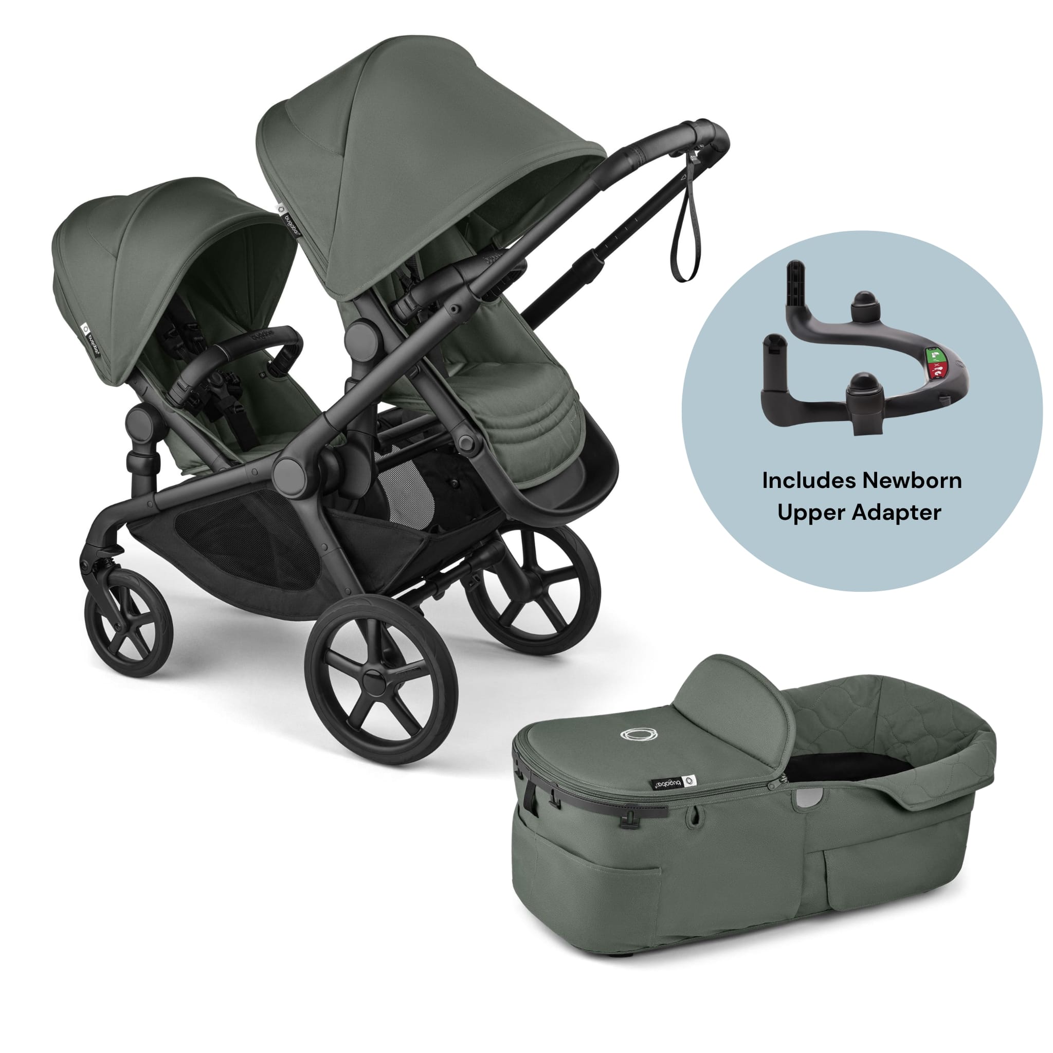 Bugaboo Kangaroo Complete All-Position Double Stroller + Bassinet Bundle - Forest Green