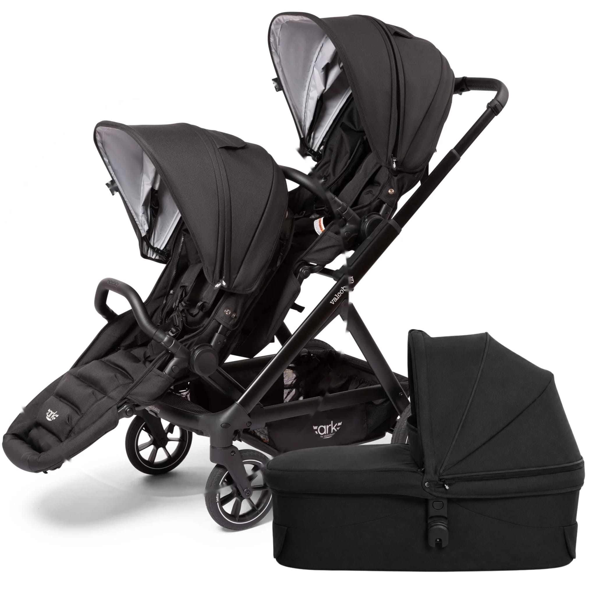Valco Ark Double Stroller + Bassinet Bundle - Black