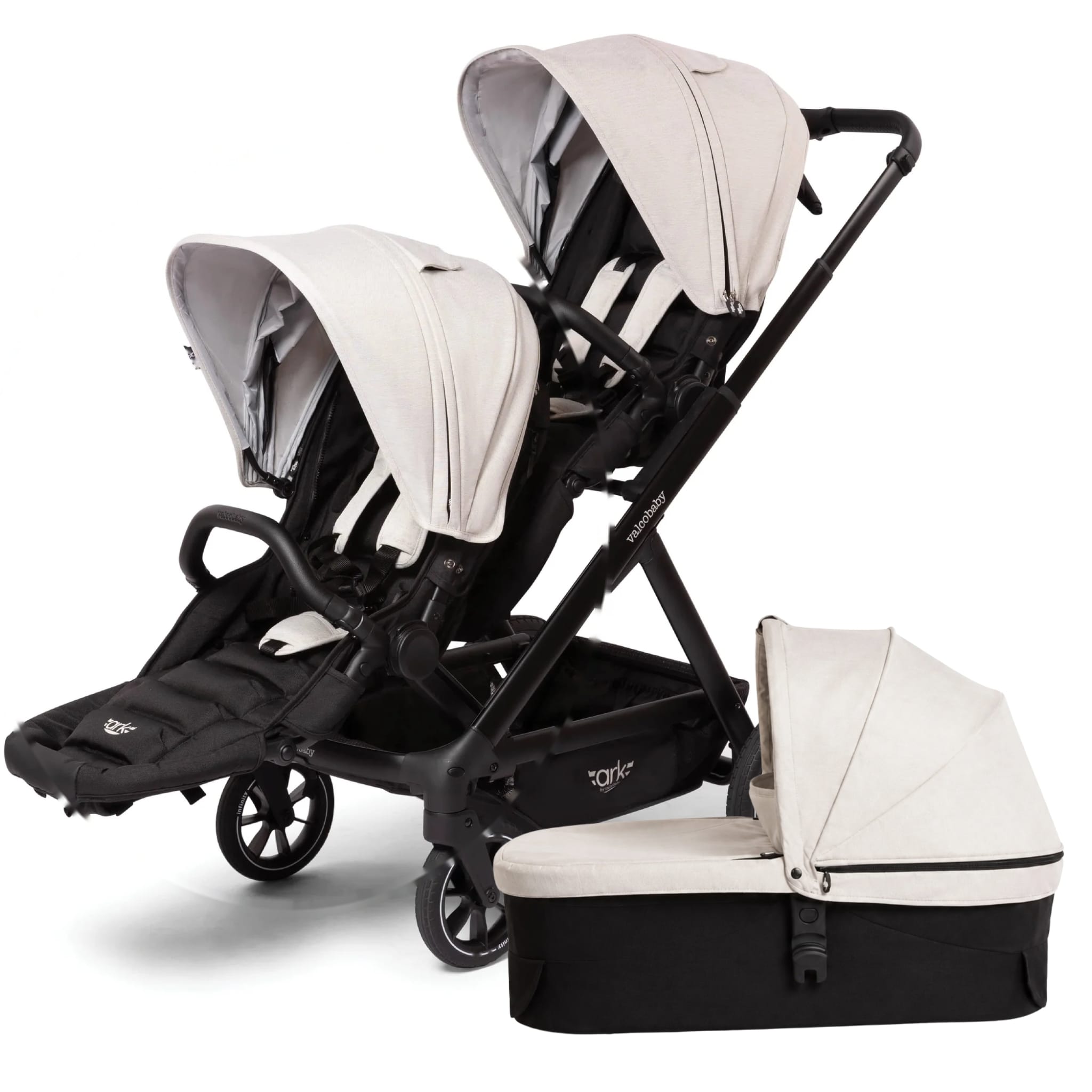 Valco Ark Double Stroller + Bassinet Bundle - Cloud