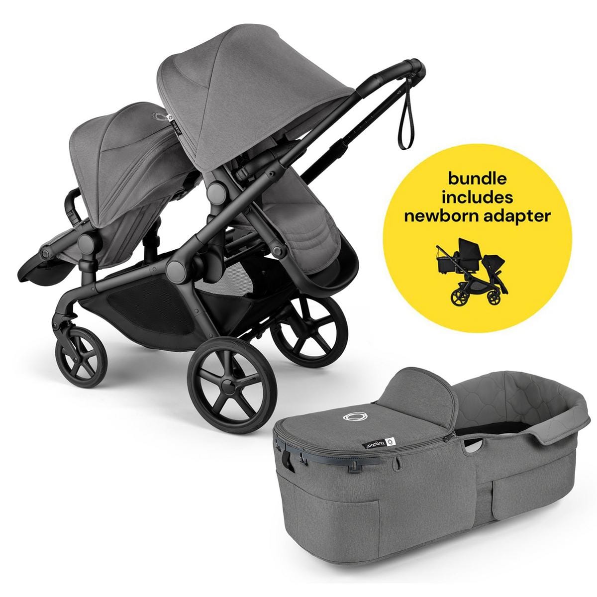 Bugaboo Kangaroo All-Position Newborn Double Stroller Bundle - Black / Moon Grey / Moon Grey