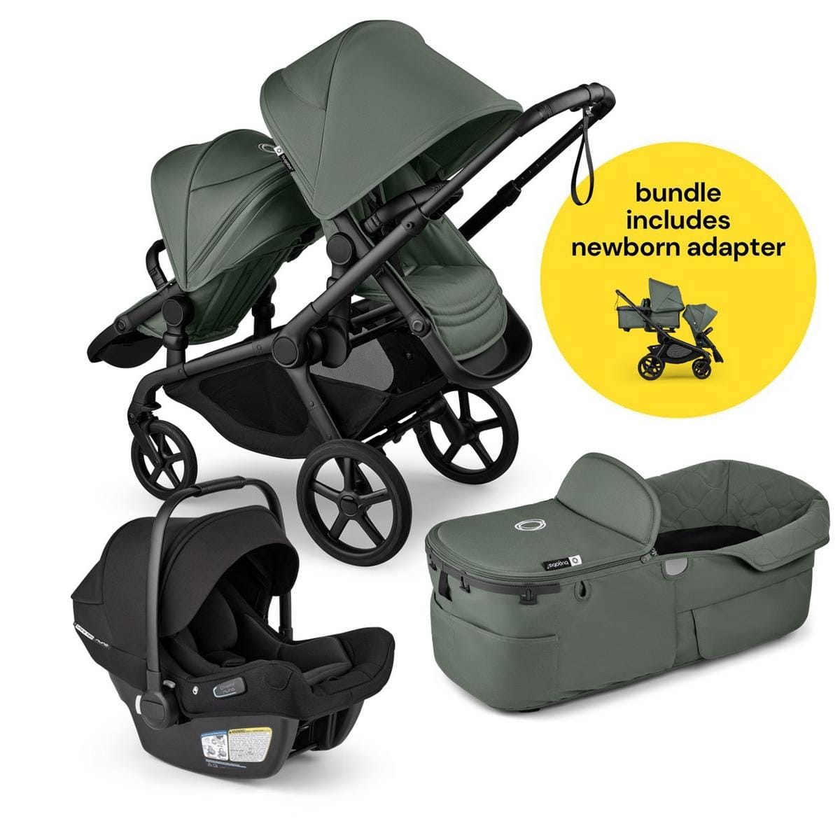 Bugaboo Kangaroo All-Position Newborn Double Stroller + Turtle Air Shield By Nuna Travel System Bundle - Black / Forest Green / Forest Green / Black