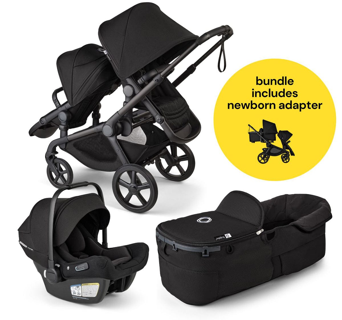 Bugaboo Kangaroo All-Position Newborn Double Stroller + Turtle Air Shield By Nuna Travel System Bundle - Black / Midnight Black / Midnight Black / Bla