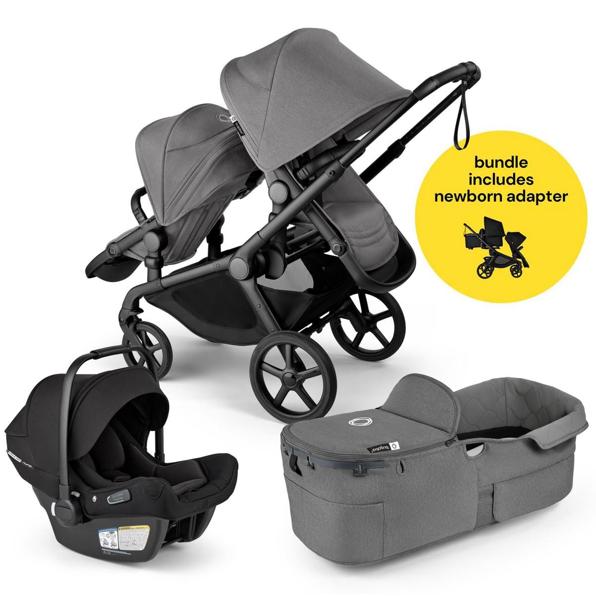 Bugaboo Kangaroo All-Position Newborn Double Stroller + Turtle Air Shield By Nuna Travel System Bundle - Black / Moon Grey / Moon Grey