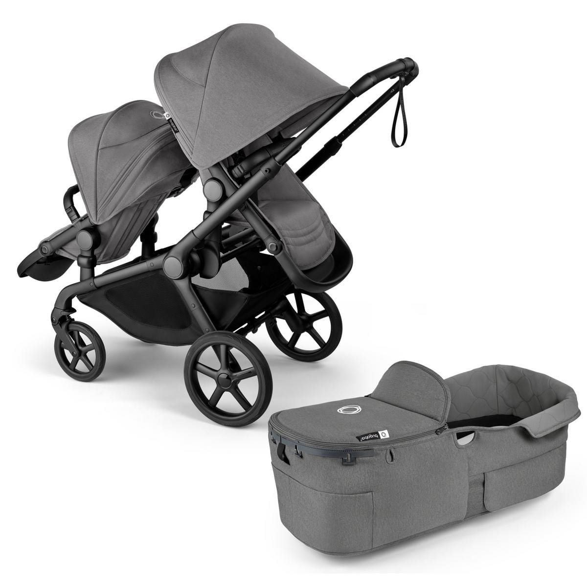 Bugaboo Kangaroo Double Stroller Bundle - Black / Moon Grey / Moon Grey