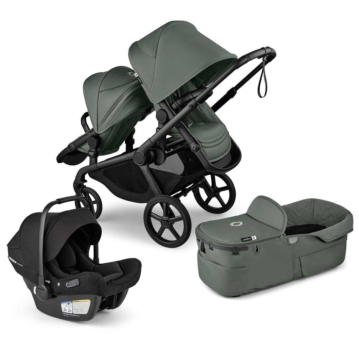 Bugaboo Kangaroo Double Stroller + Turtle Air Shield By Nuna Travel System Bundle - Black / Forest Green / Forest Green / Black