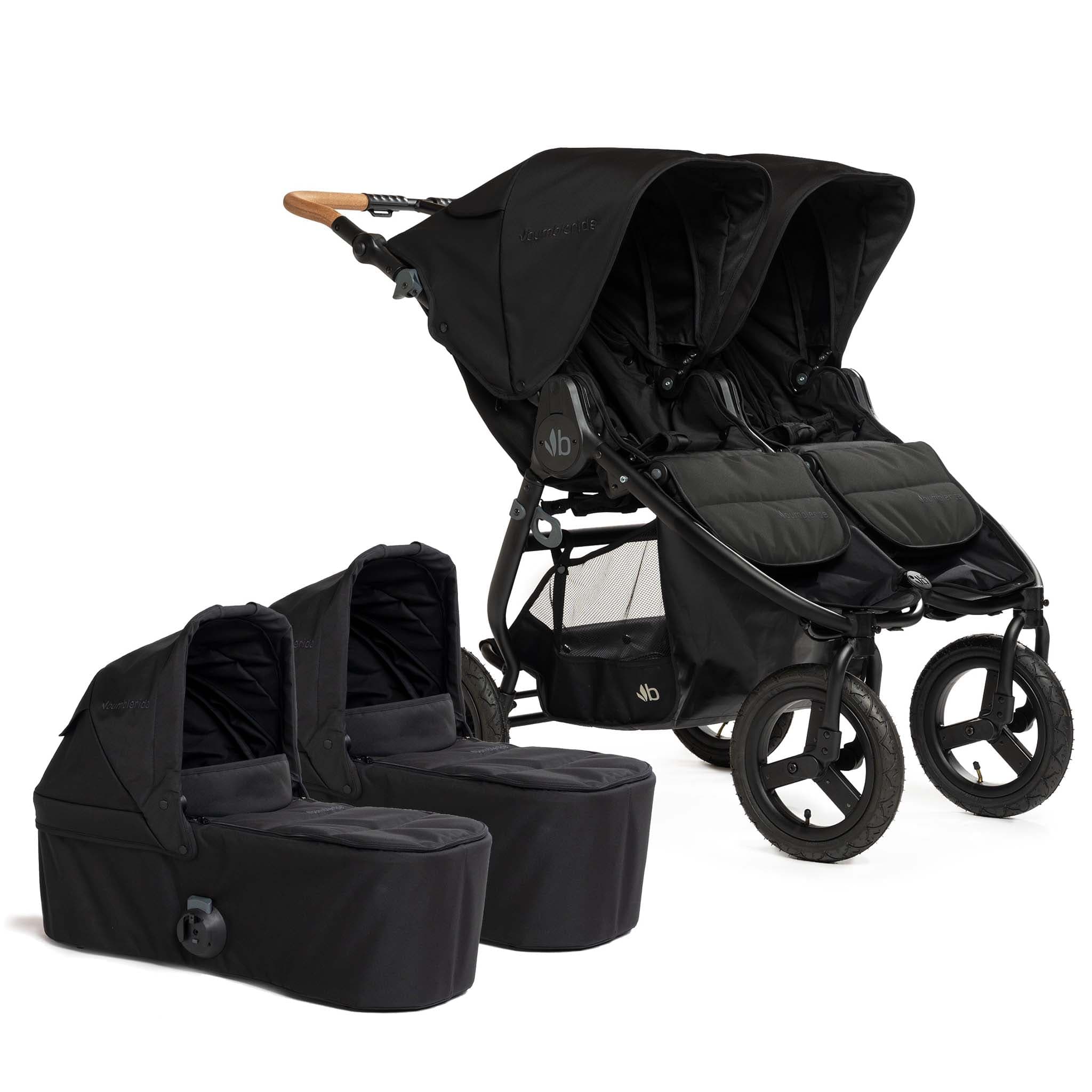 Bumbleride Indie Twin Double Stroller + 2 Bassinet Bundle - Black / Black
