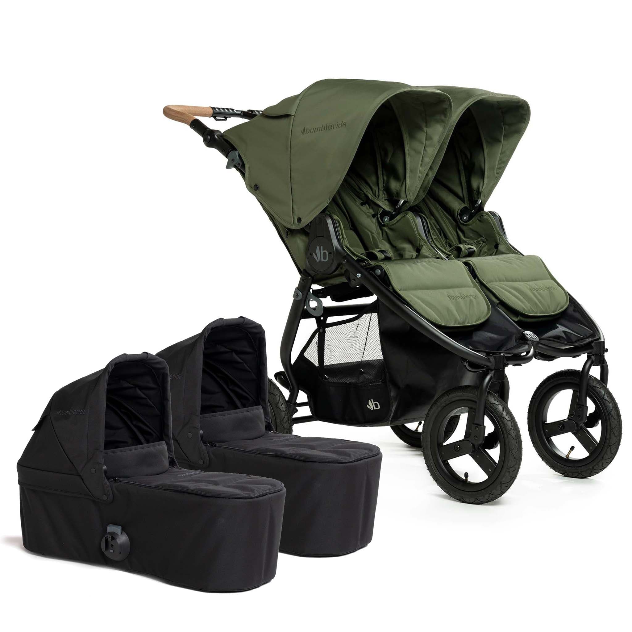 Bumbleride Indie Twin Double Stroller + 2 Bassinet Bundle - Olive / Black