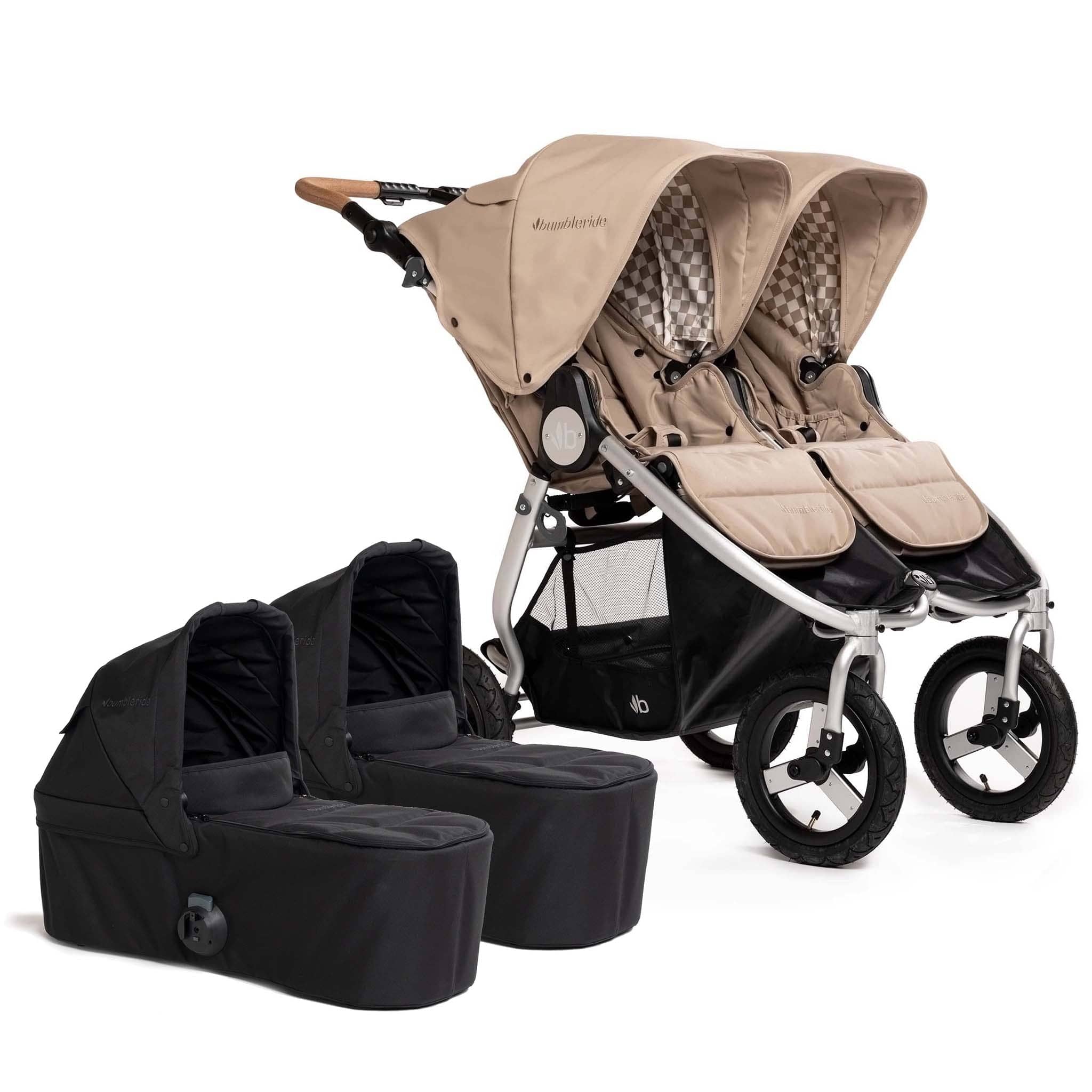 Bumbleride Indie Twin Double Stroller + 2 Bassinet Bundle - Sand / Black