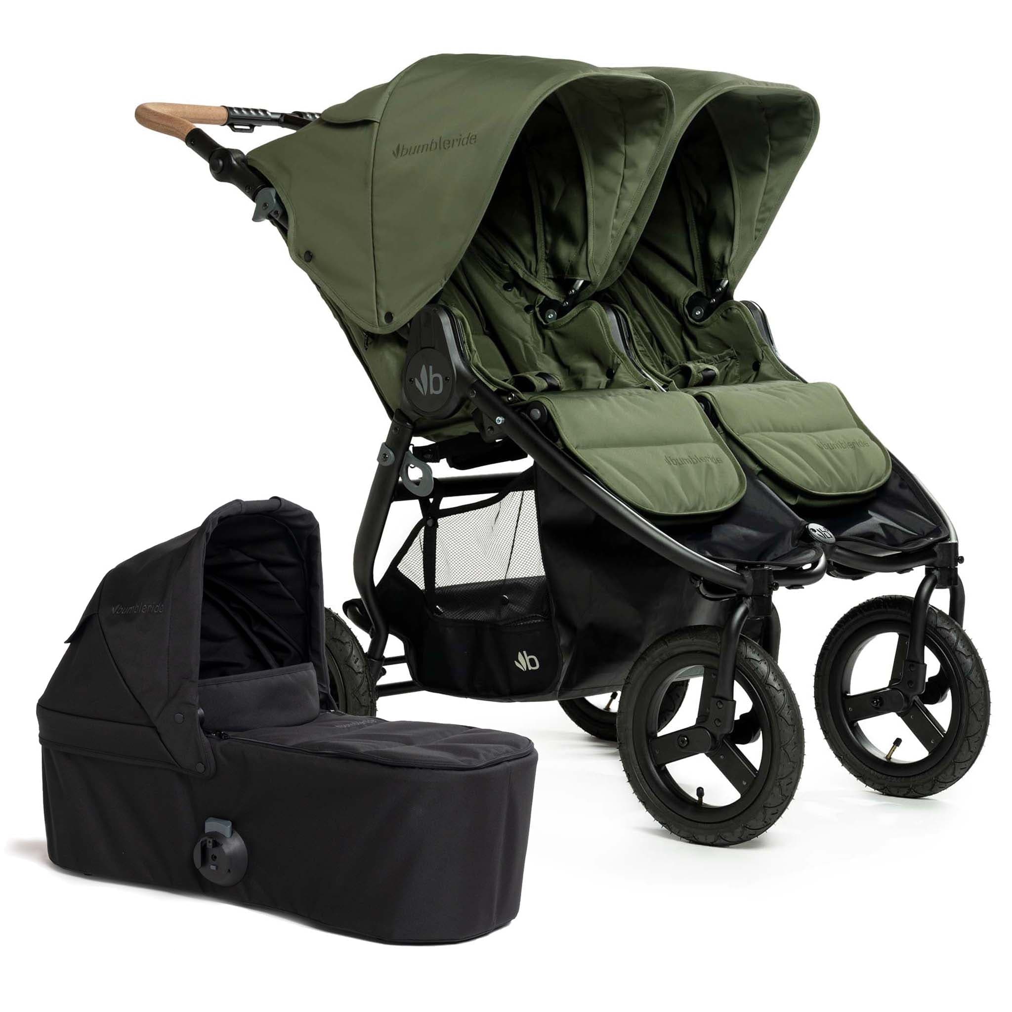 Bumbleride Indie Twin Double Stroller + Bassinet Bundle - Olive / Black
