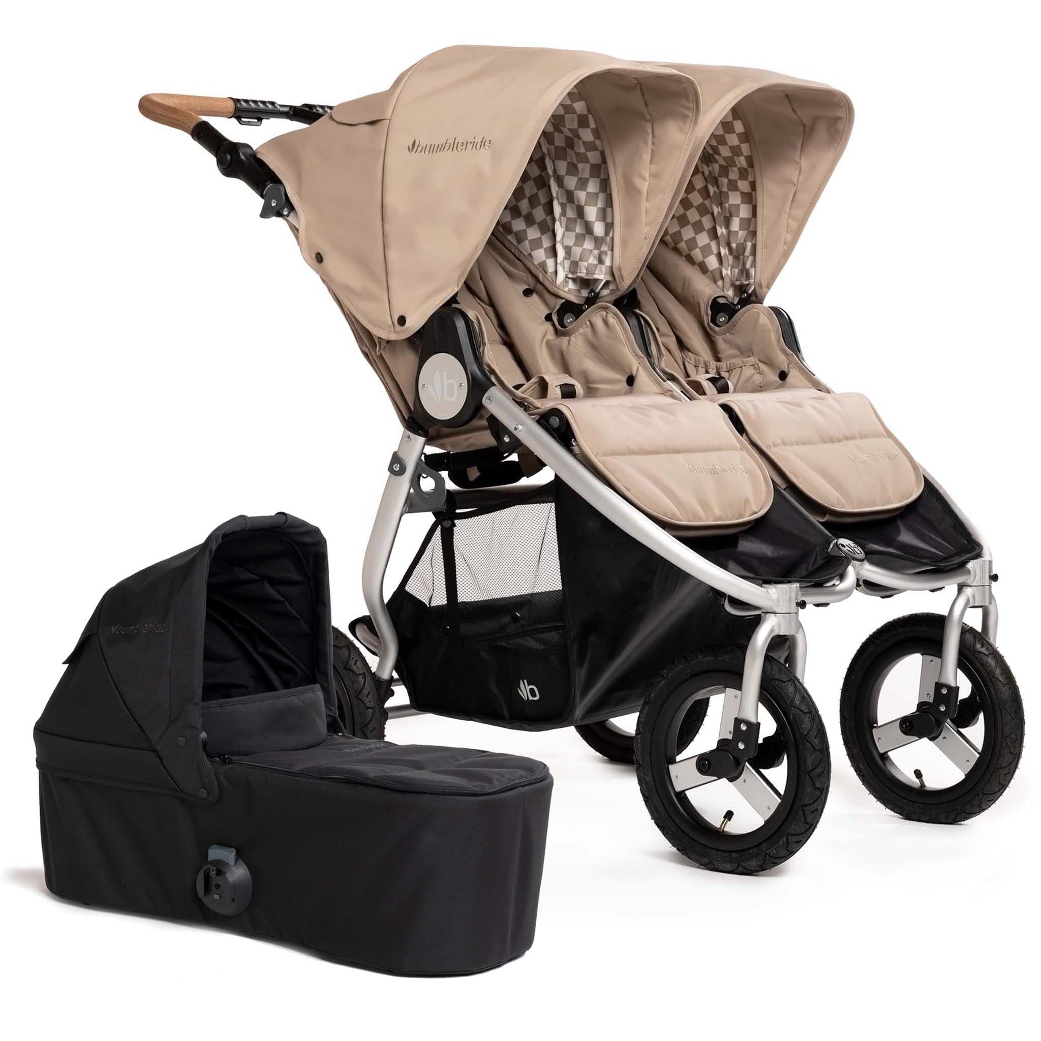 Bumbleride Indie Twin Double Stroller + Bassinet Bundle - Sand / Black
