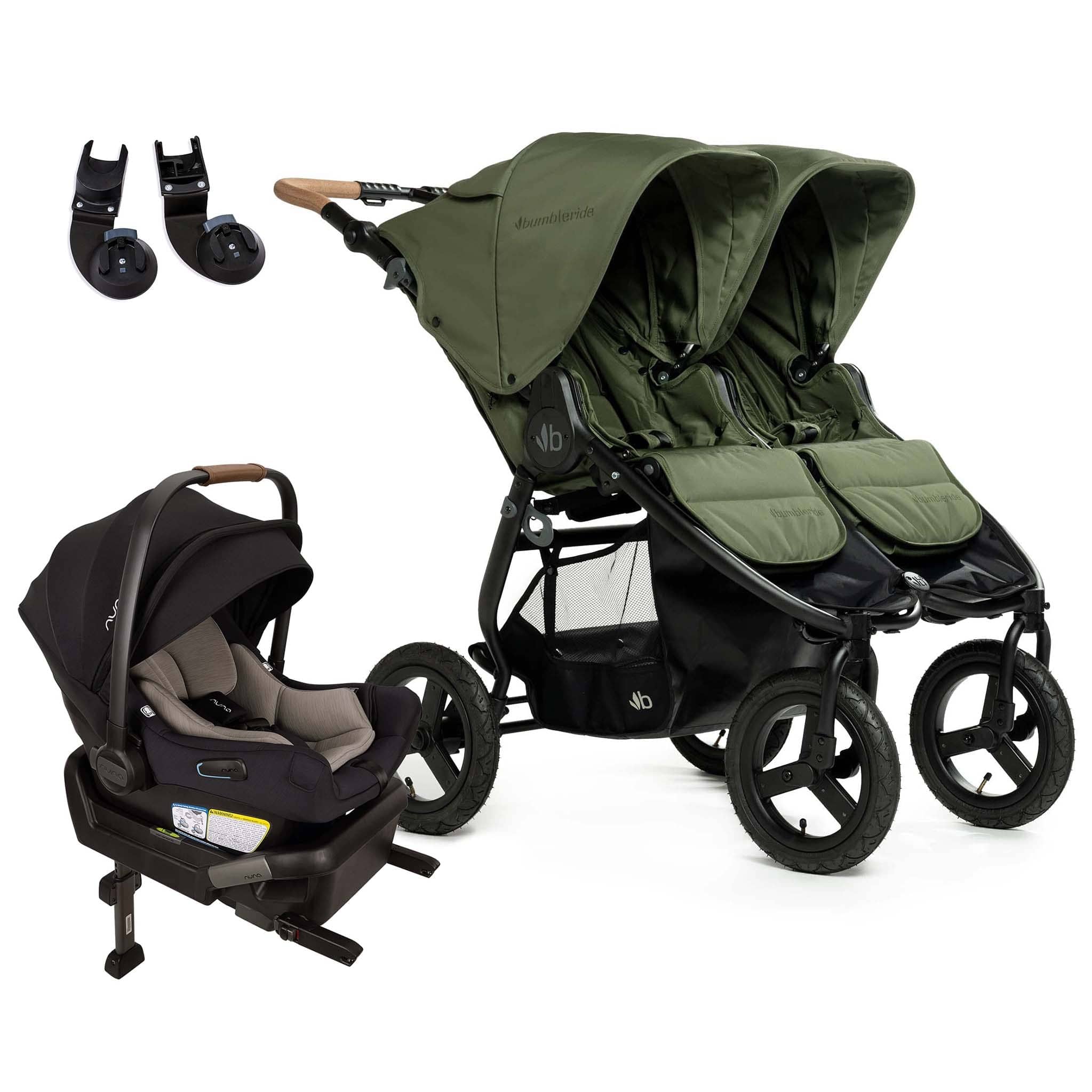 Bumbleride Indie Twin Double Stroller + Nuna PIPA Aire Travel System Bundle - Olive / Caviar
