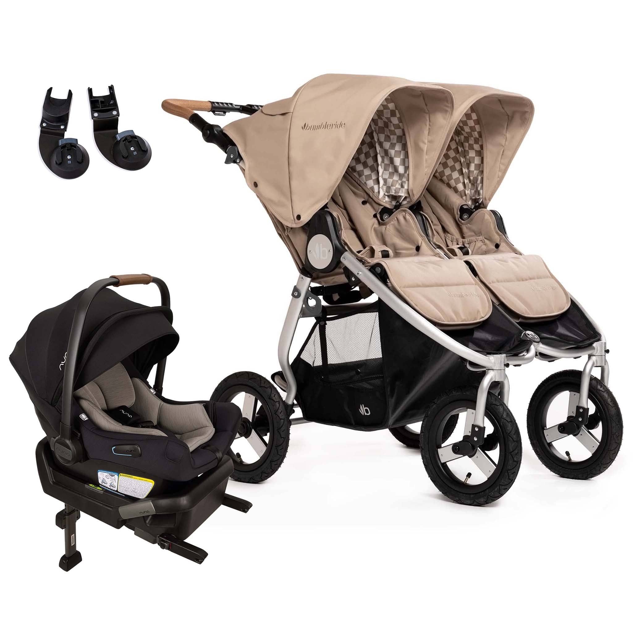 Bumbleride Indie Twin Double Stroller + Nuna PIPA Aire Travel System Bundle - Sand / Caviar