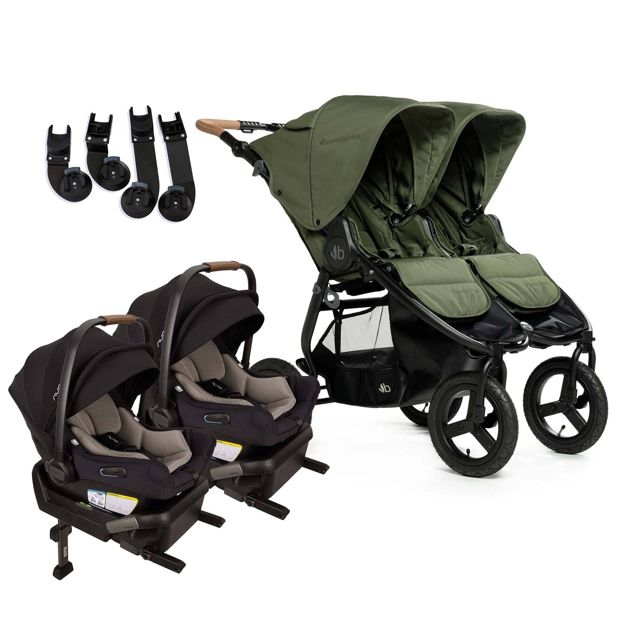Bumbleride Indie Twin Double Stroller + Nuna PIPA Aire Twin Travel System Bundle - Olive / Caviar