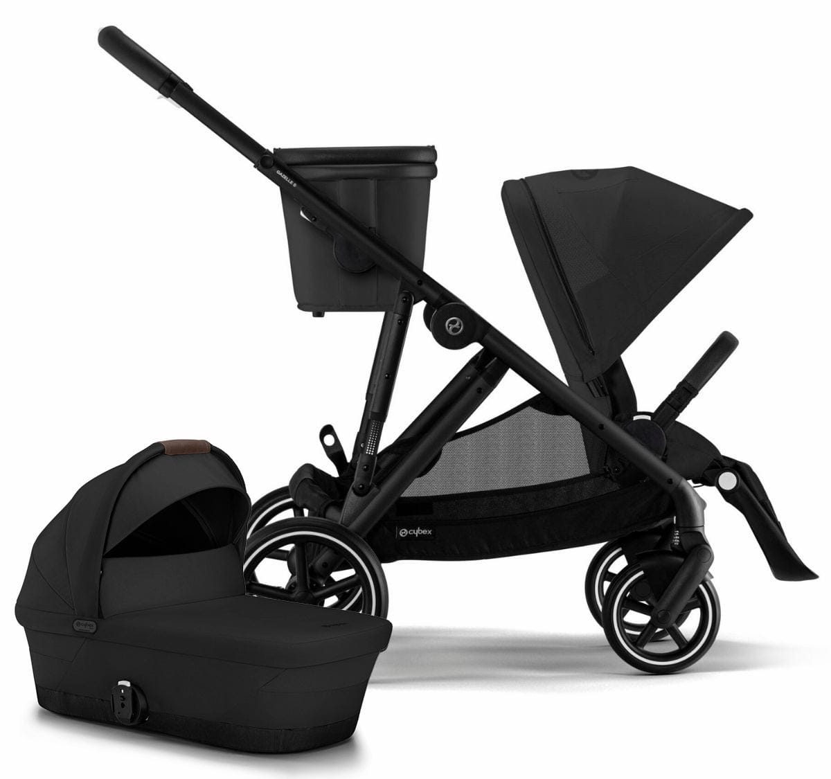 Cybex Gazelle S Single-to-Double Stroller + Cot Bundle - Black Frame / Moon Black