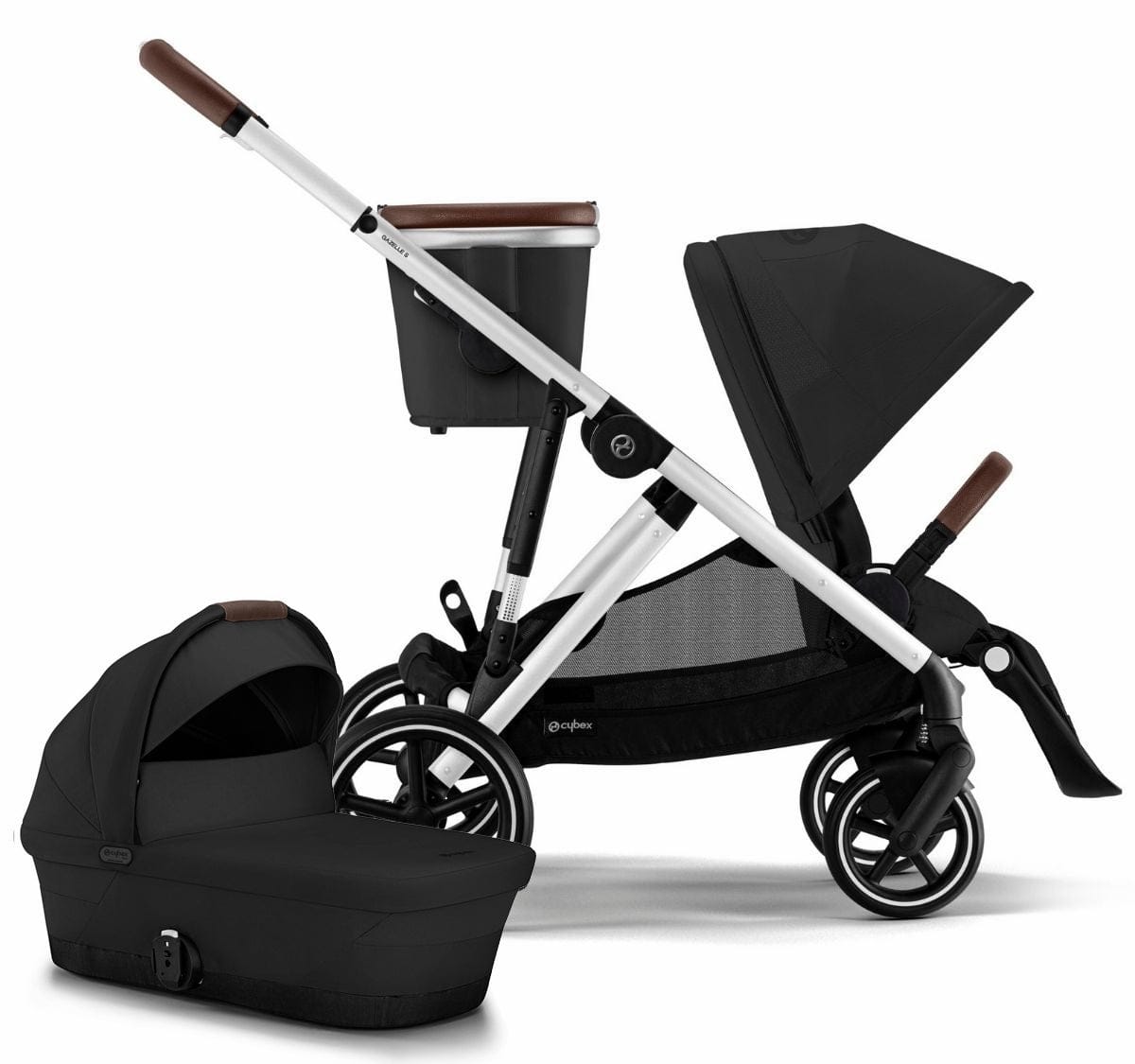 Cybex Gazelle S Single-to-Double Stroller + Cot Bundle - Silver Frame / Moon Black