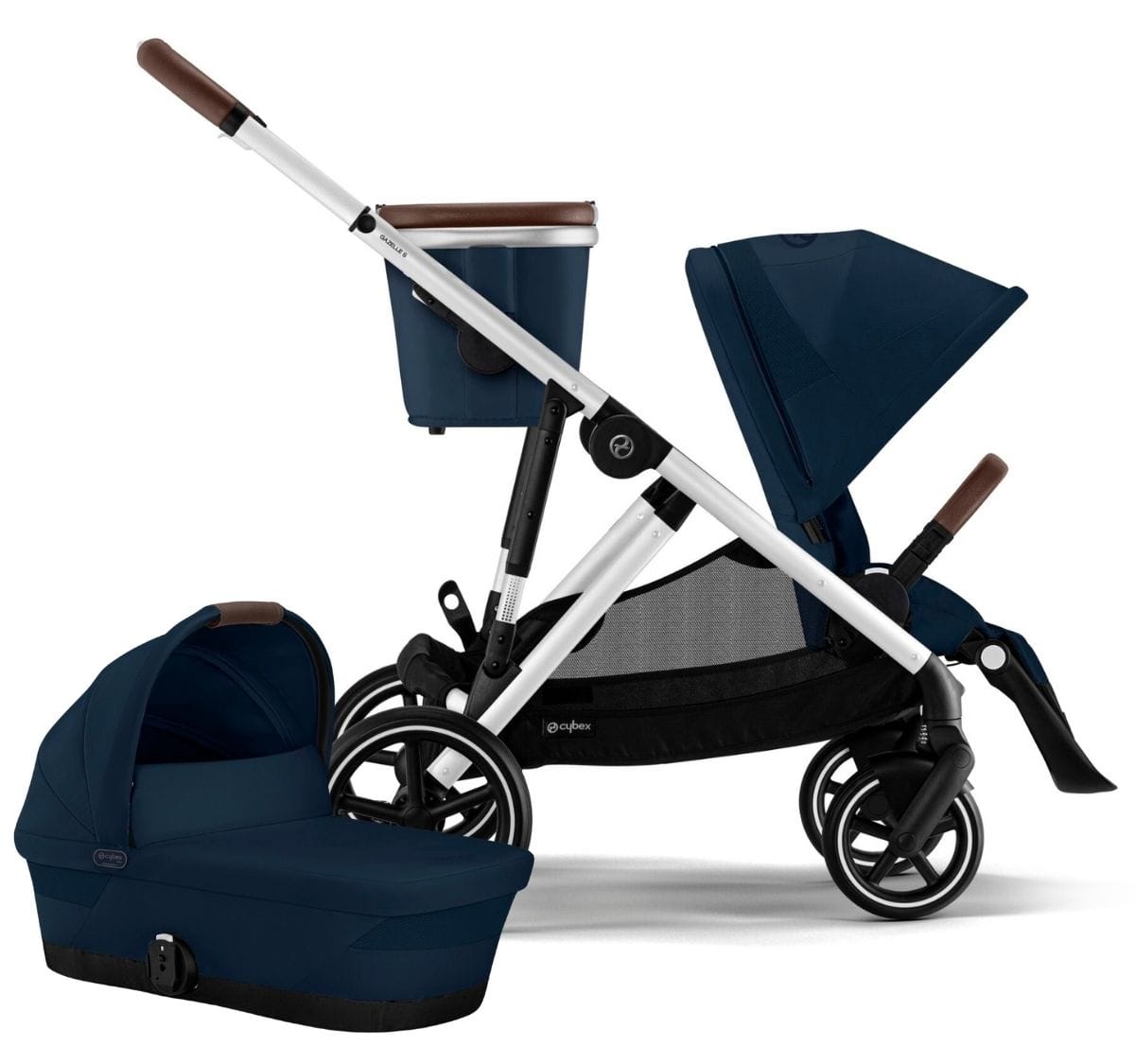Cybex Gazelle S Single-to-Double Stroller + Cot Bundle - Silver Frame / Ocean Blue