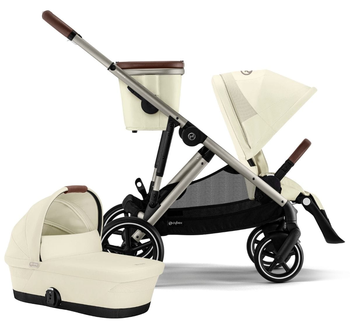 Cybex Gazelle S Single-to-Double Stroller + Cot Bundle - Taupe Frame / Seashell Beige