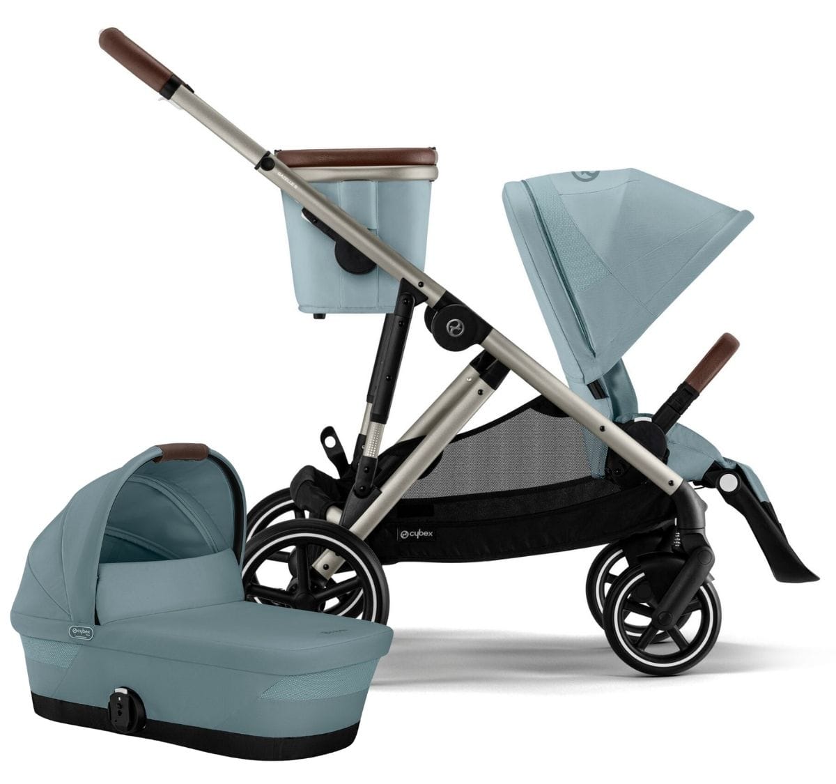 Cybex Gazelle S Single-to-Double Stroller + Cot Bundle - Taupe Frame / Sky Blue