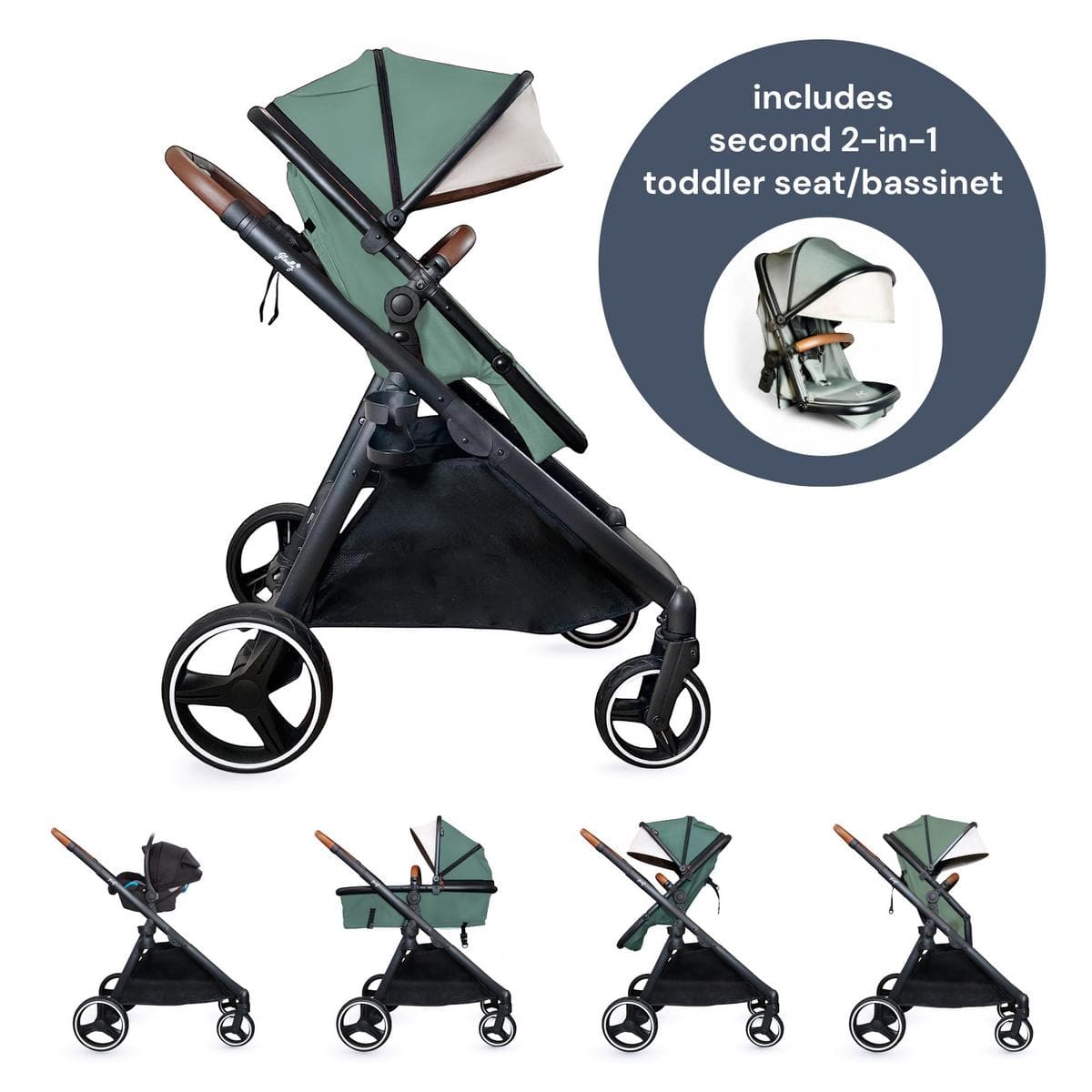 Gladly Family Piper Double Stroller Bundle - Aloe