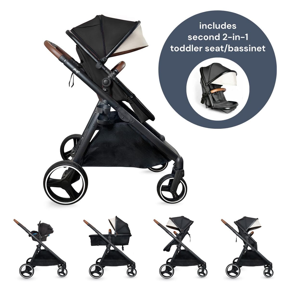 Gladly Family Piper Double Stroller Bundle - Onyx