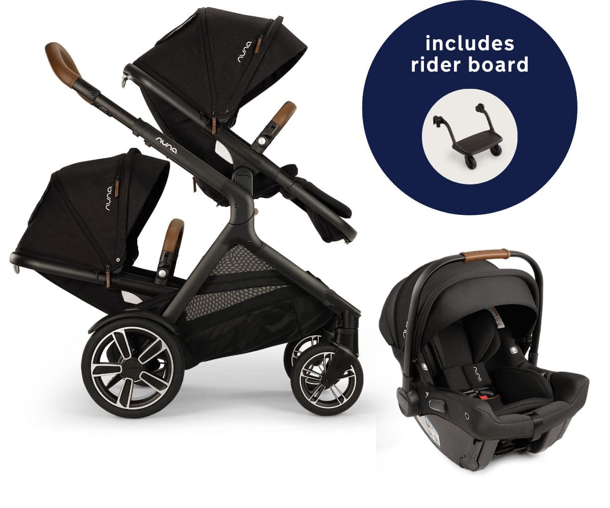 Nuna DEMI Next Double Stroller with Rider Board + PIPA urbn Baseless Infant Car Seat Travel System Bundle - Caviar
