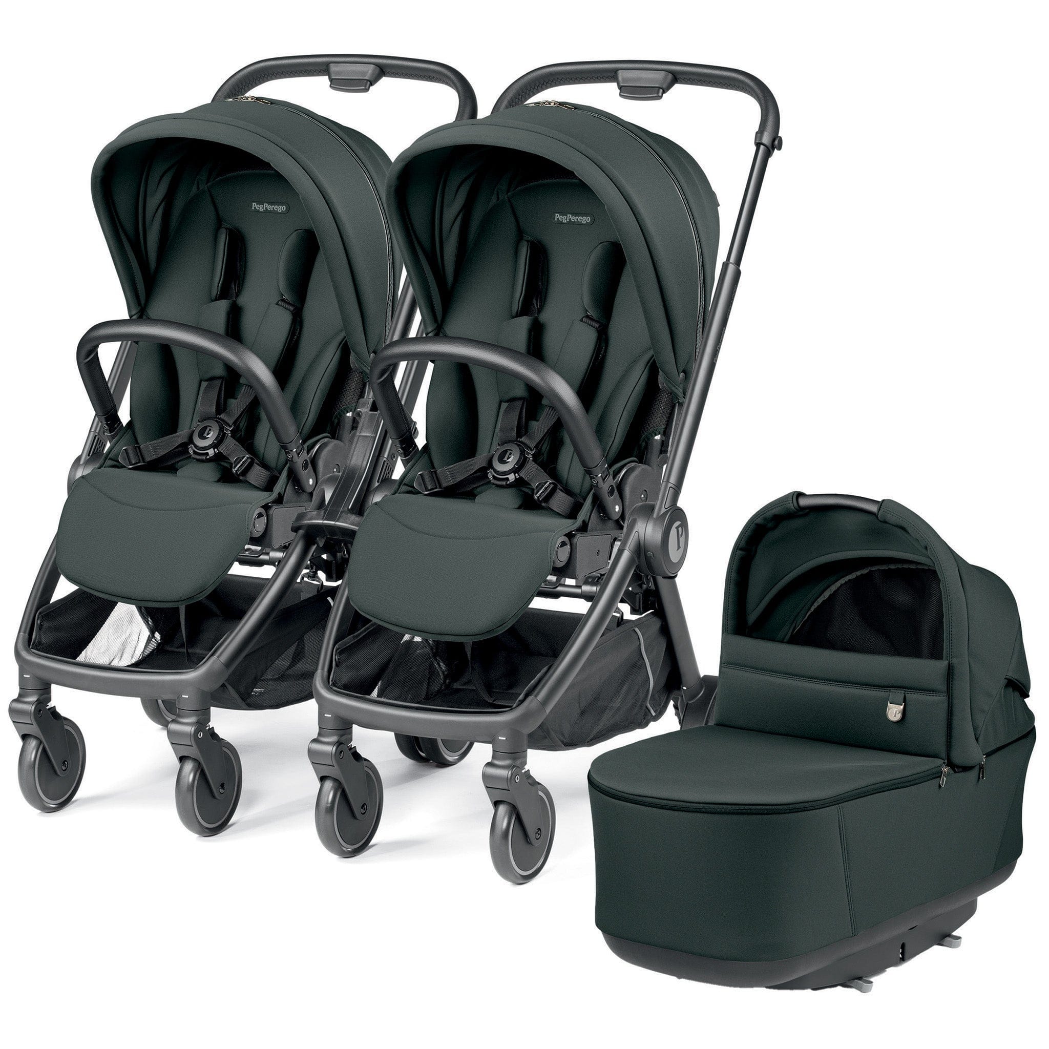 PEG City Loop Double Stroller + Pop Up Bassinet With Stand Bundle - Black / Metal / Metal
