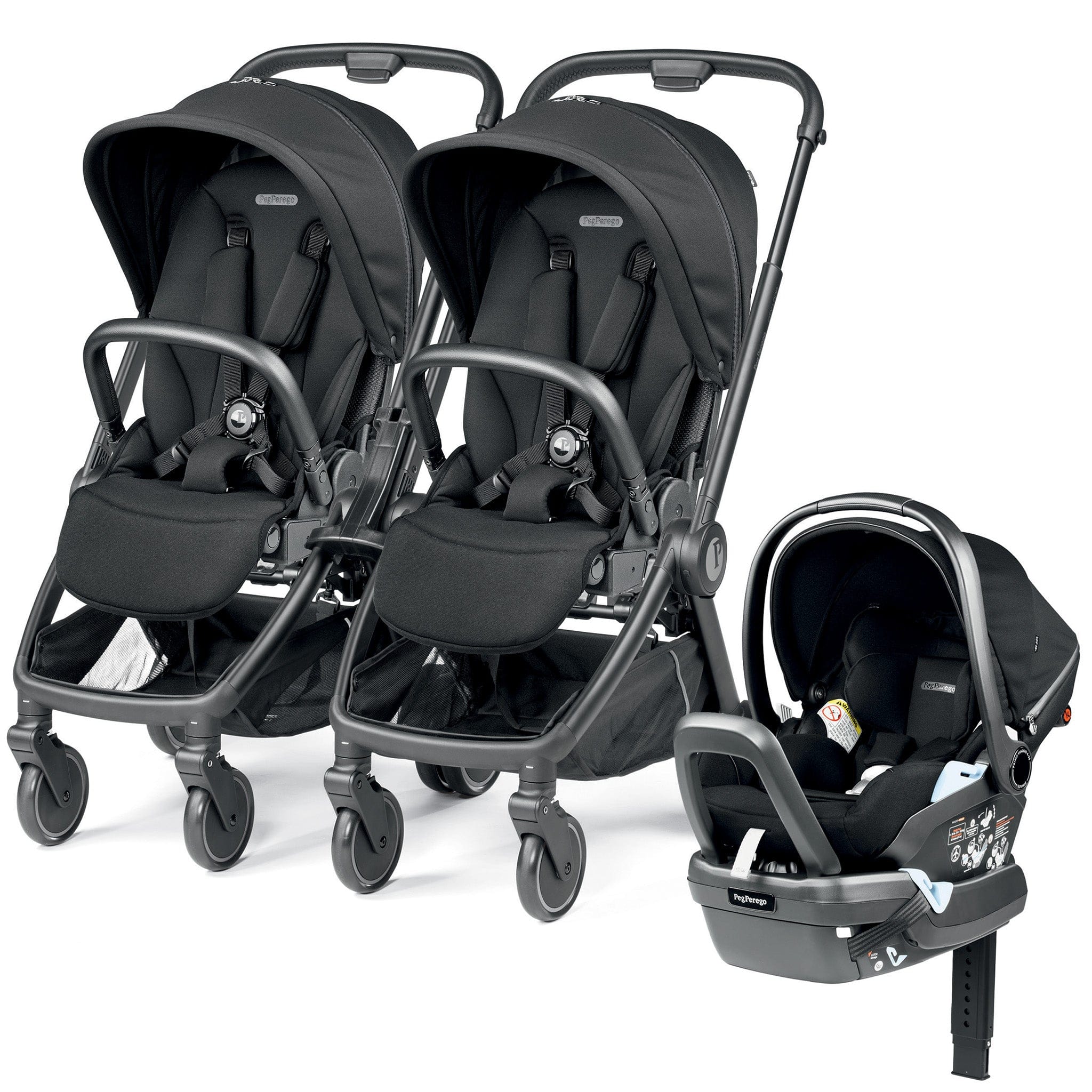 PEG City Loop Double Stroller + Primo Viaggio Lounge Travel System Bundle - Black / True Black / True Black