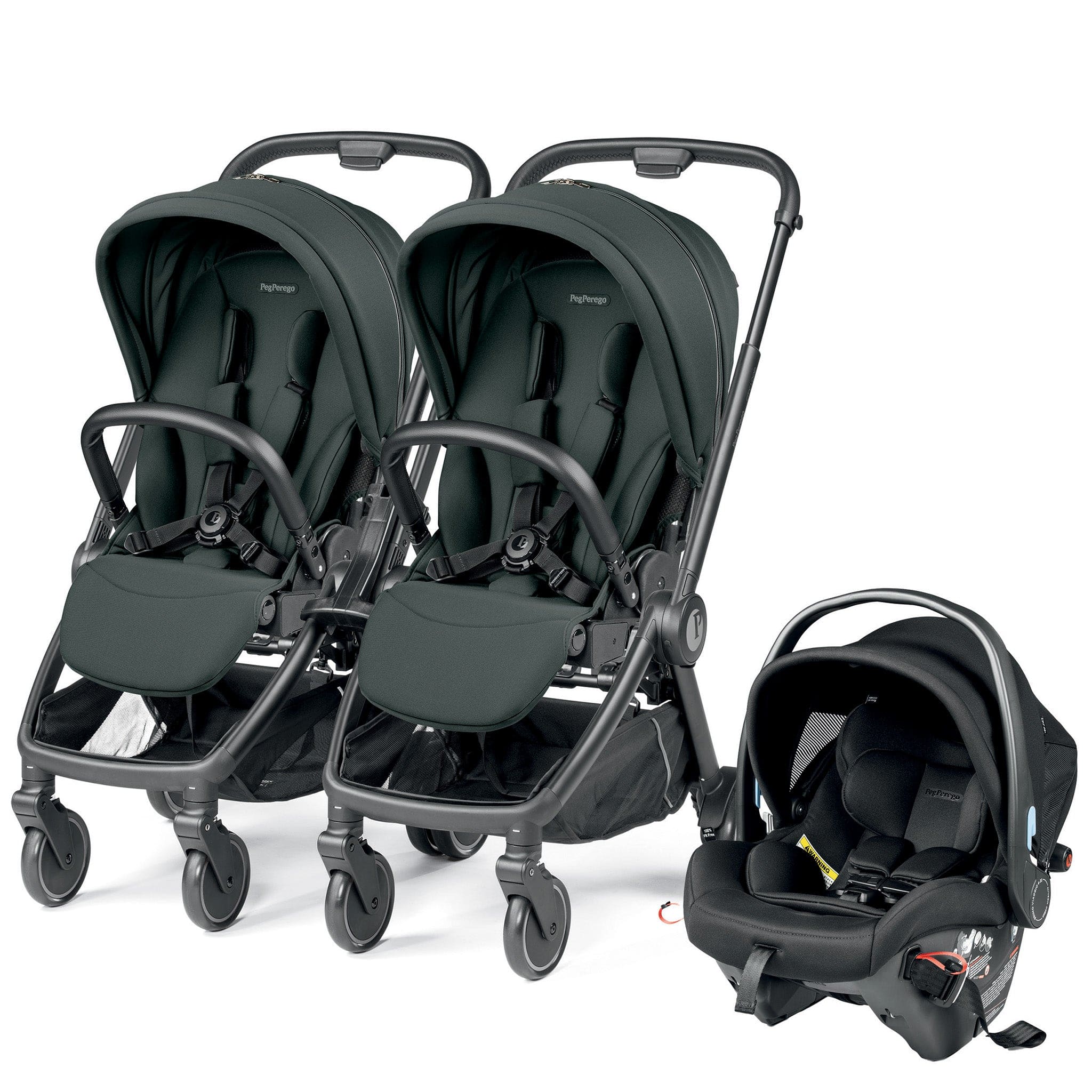 PEG City Loop Double Stroller + Primo Viaggio Urban Mobility Baseless Infant Car Seat Travel System Bundle - Black / Metal / True Black