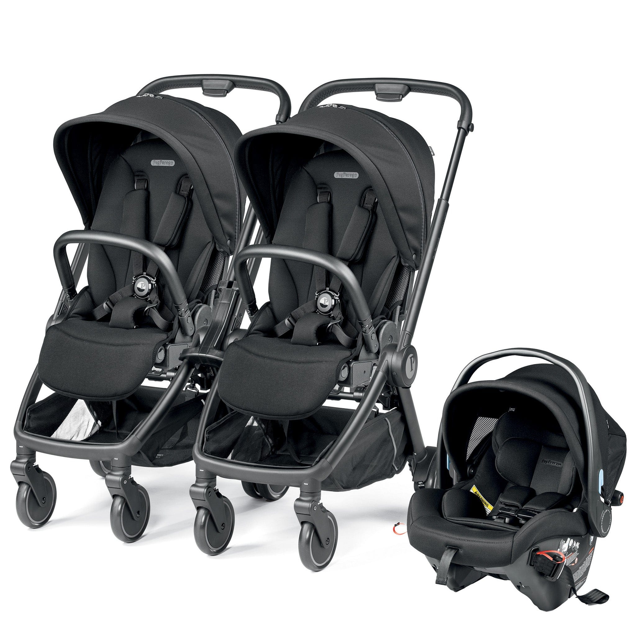 PEG City Loop Double Stroller + Primo Viaggio Urban Mobility Baseless Infant Car Seat Travel System Bundle - Black / True Black / True Black