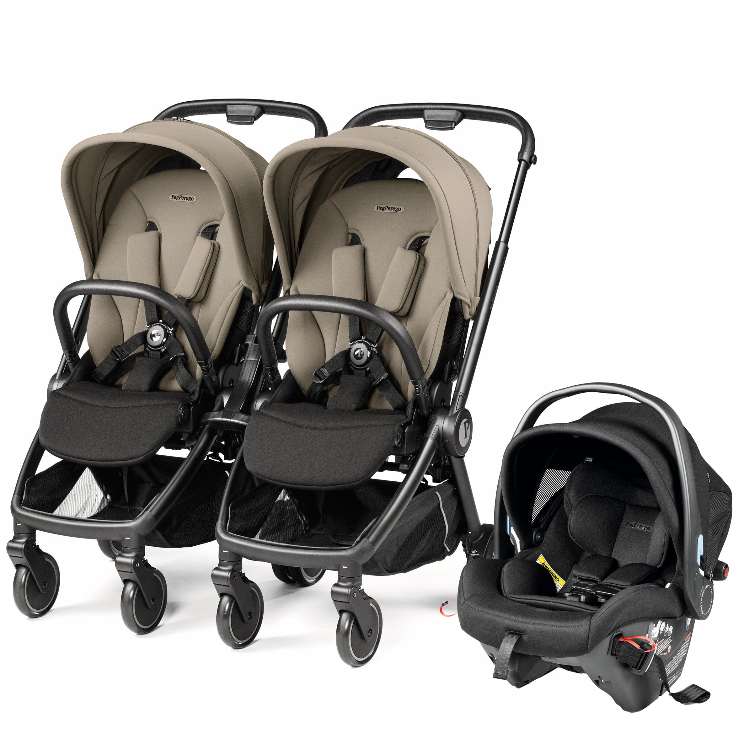 PEG City Loop Double Stroller + Primo Viaggio Urban Mobility Baseless Infant Car Seat Travel System Bundle - Black / Vanilla Blend / True Black