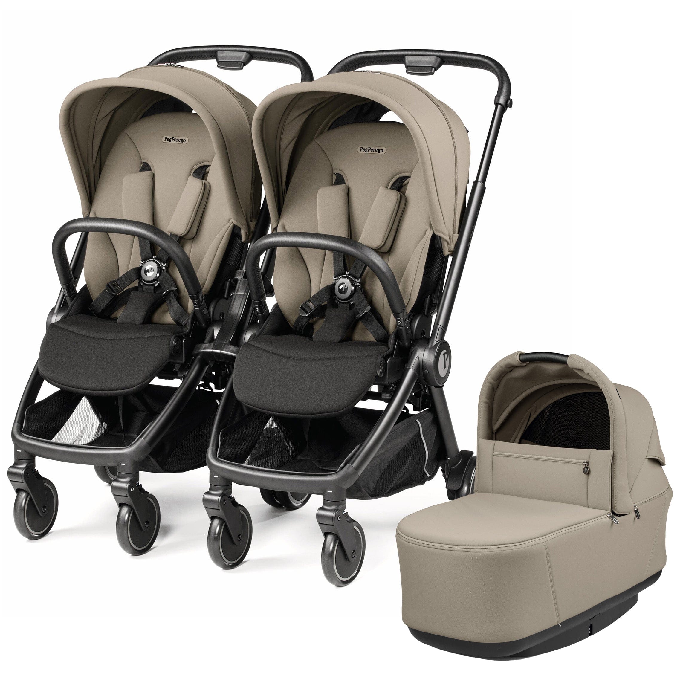 Peg Perego City Loop Double Stroller + Pop Up Bassinet With Stand Bundle - Black / Vanilla Blend / Vanilla Blend