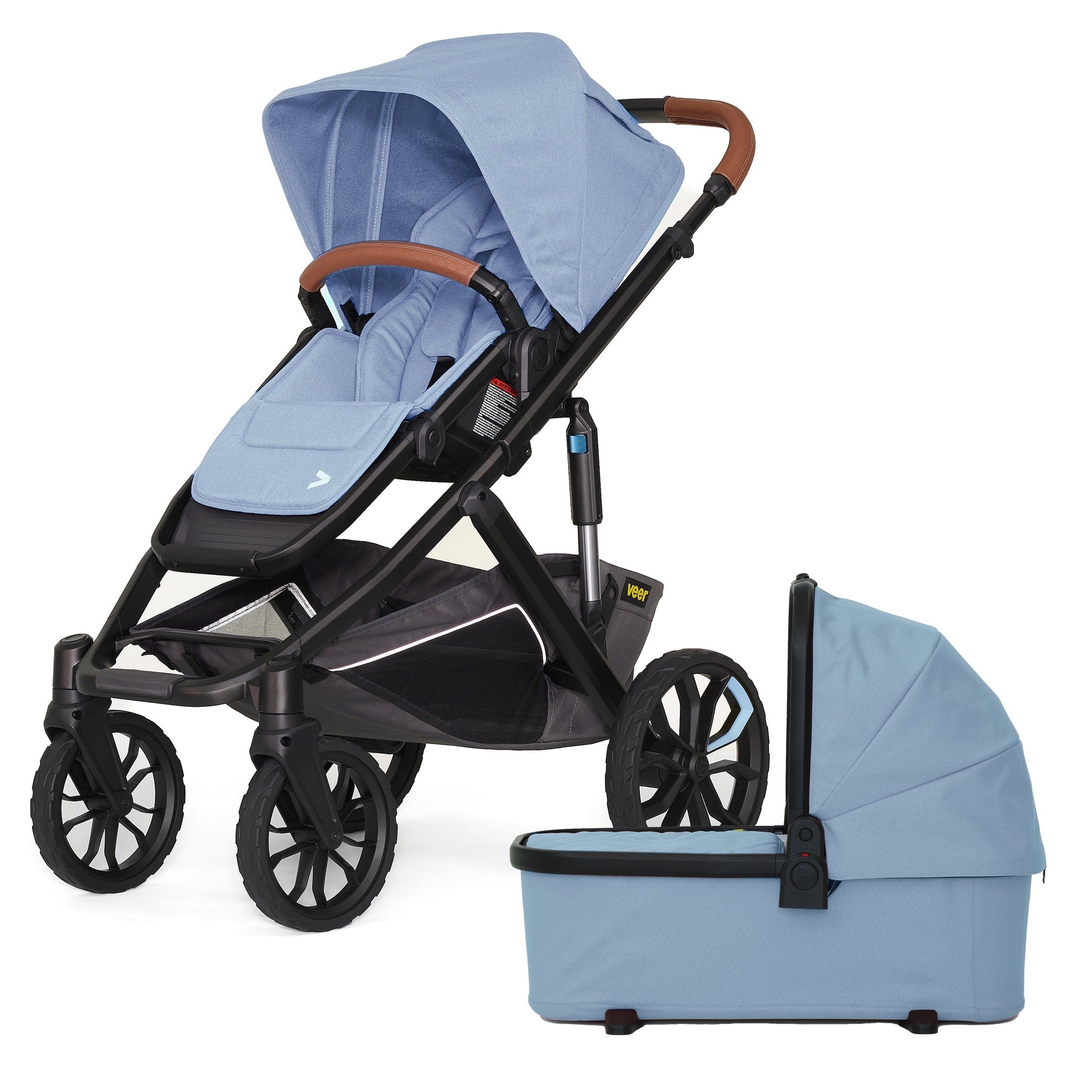 Veer Switch&Roll Luxe Single-to-Double Stroller with Leather Kit + Bassinet Bundle - Blue Beryl