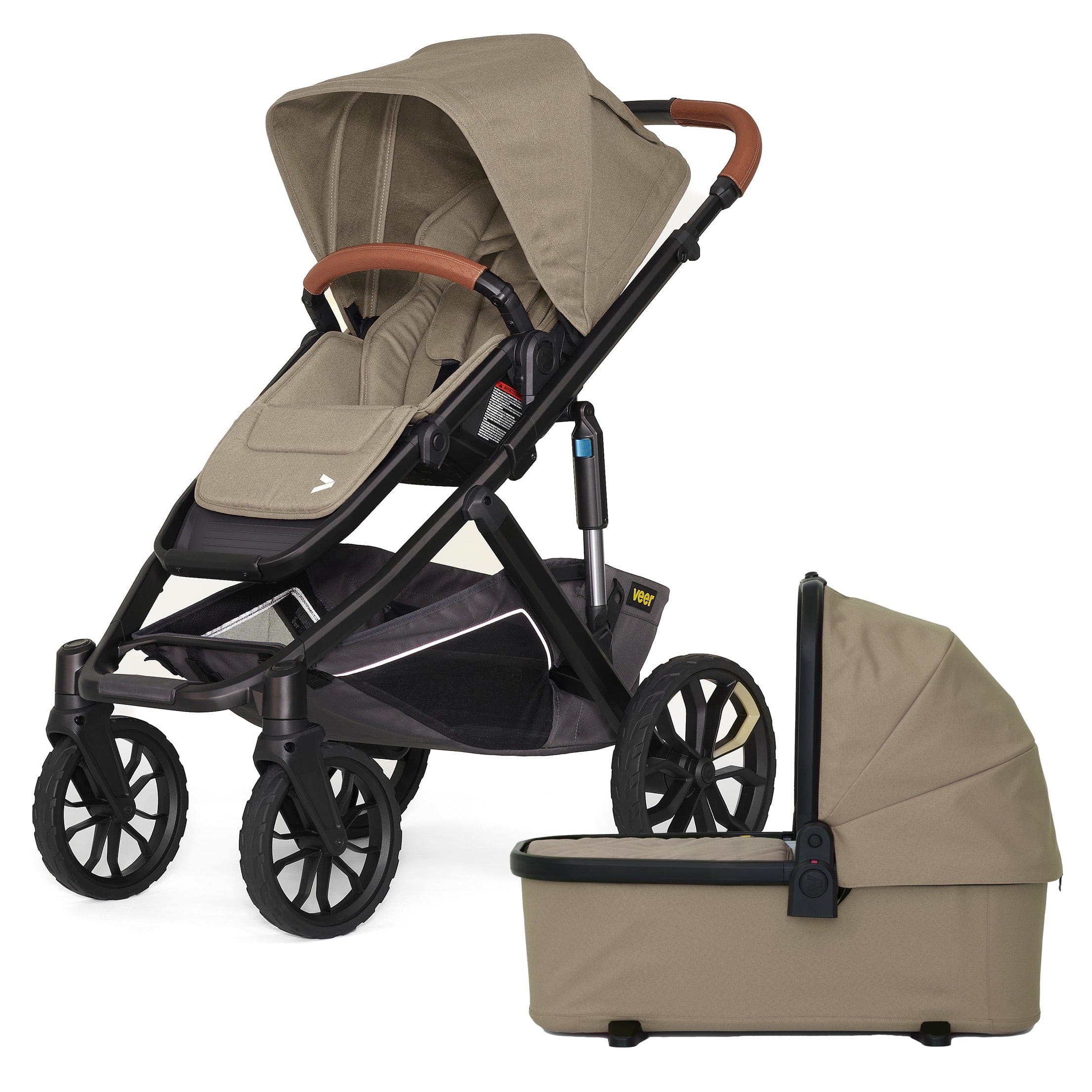 Veer Switch&Roll Luxe Single-to-Double Stroller with Leather Kit + Bassinet Bundle - Brown Mica