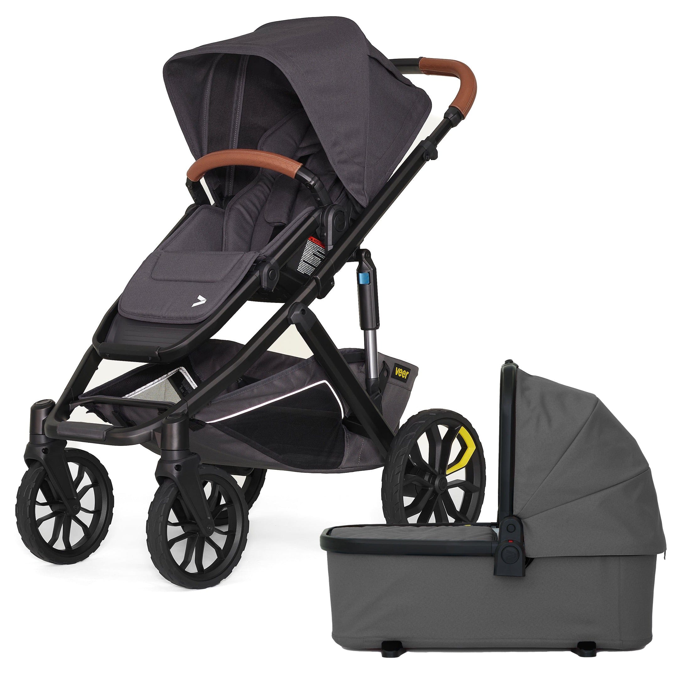 Veer Switch&Roll Luxe Single-to-Double Stroller with Leather Kit + Bassinet Bundle - Gray Granite