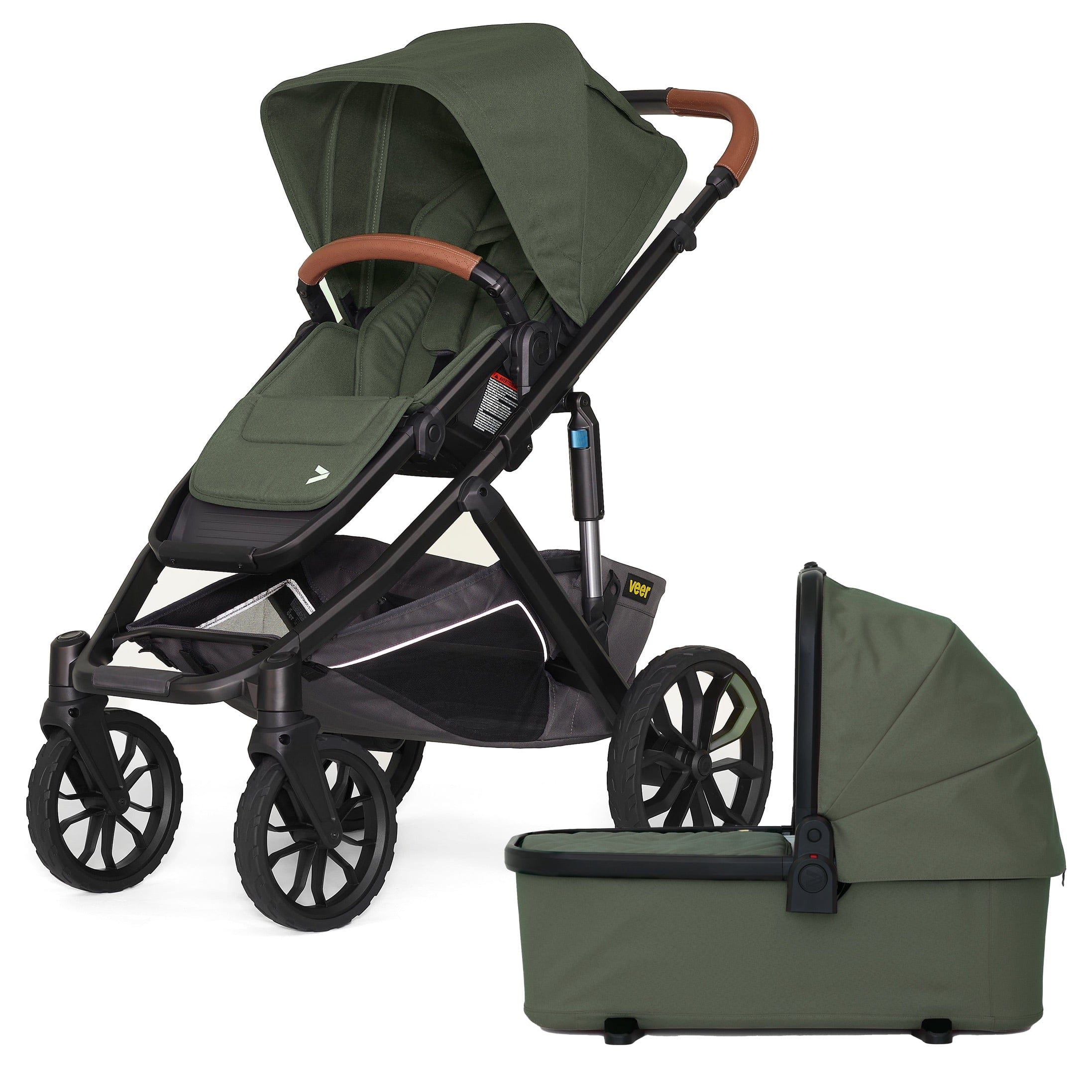 Veer Switch&Roll Luxe Single-to-Double Stroller with Leather Kit + Bassinet Bundle - Green Jasper